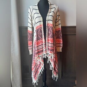 Jolt Cream and Pink Patterned Fringe Cardigan